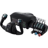 Black Turtle Beach flight control system with dual yokes, throttle quadrant, and LED display.