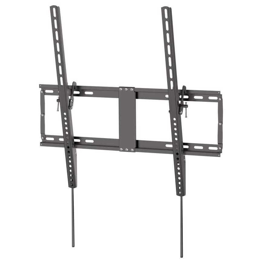 Black metal TV wall mount with adjustable brackets, featuring multiple holes for secure installation and a sleek, minimalist design.