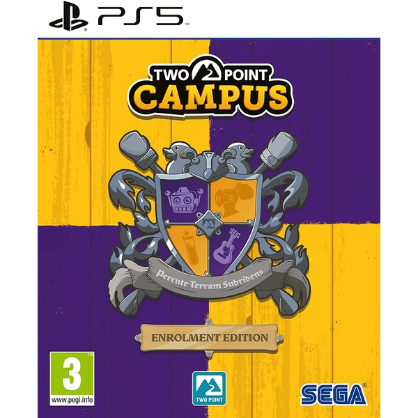 The "Two Point Campus - Enrolment Edition" features a vibrant purple and yellow cover with a shield emblem, showcasing various icons like a guitar and a robot, designed for PS5.