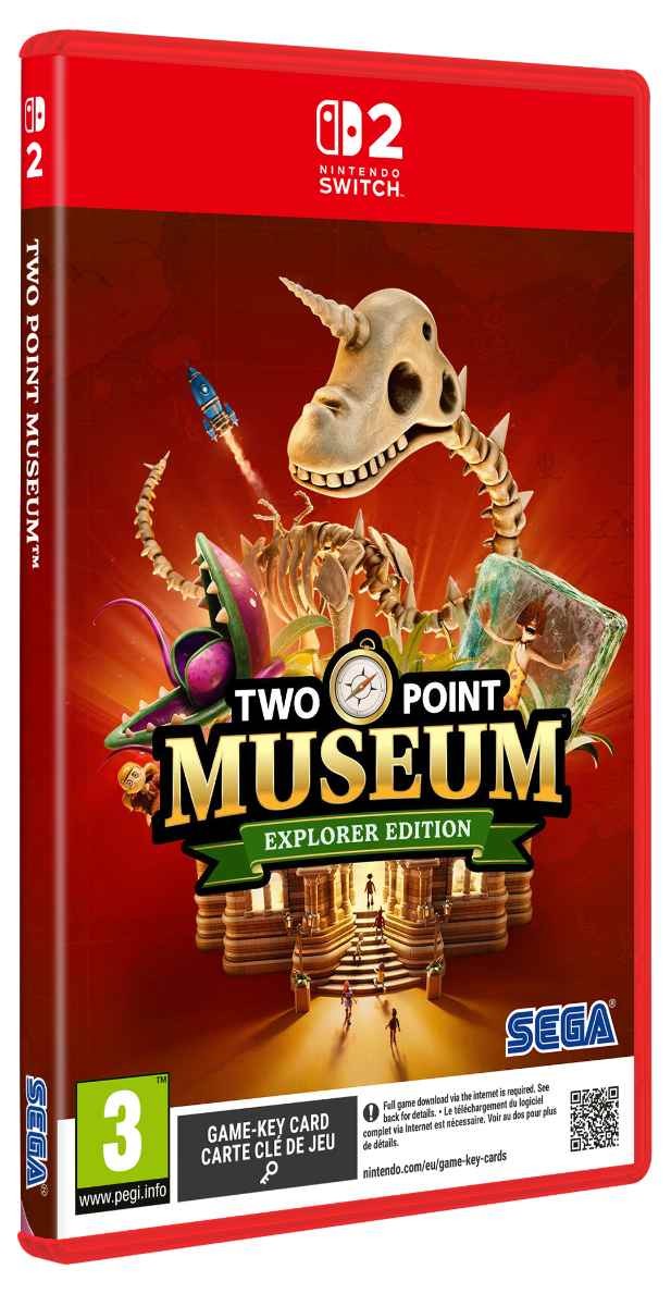 Red Nintendo Switch game case featuring "Two Point Museum" title, with vibrant graphics of a dinosaur skeleton and museum elements in a whimsical design.