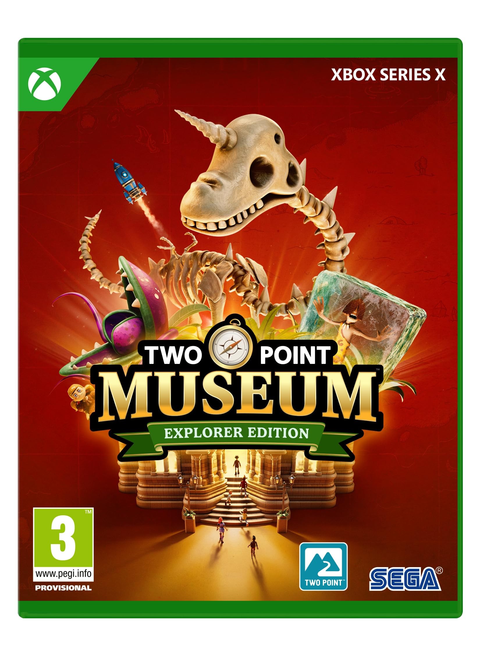 SEGA Two Point Museum - Explorer Edition for Xbox Series X features a vibrant red background, a dinosaur skeleton, colorful artifacts, and a prominent logo with a compass design.