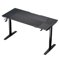 Height adjustable electric desk in sleek black finish, featuring a spacious rectangular surface and sturdy metal legs, designed for ergonomic use and modern workspaces.