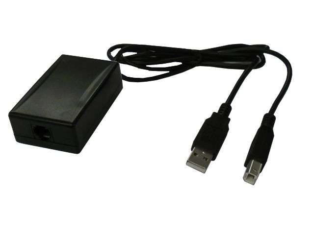 Black rectangular device with a USB cable and RJ11 connector, featuring a smooth plastic surface and two USB ends for connectivity.
