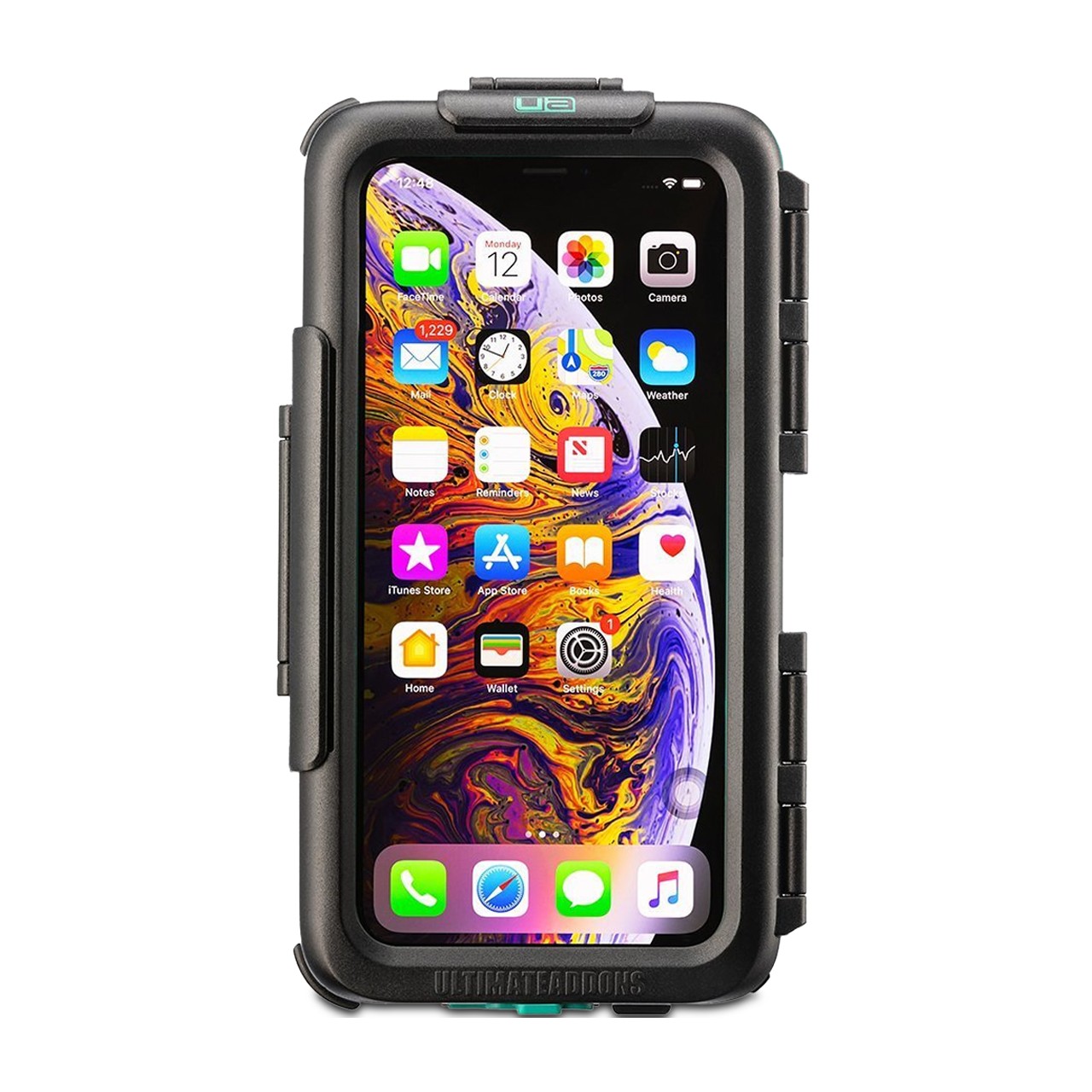 Ultimateaddons waterproof tough mount case for iPhone 12/12 Pro, featuring a black rugged design, secure locking mechanism, and clear front cover for screen visibility.