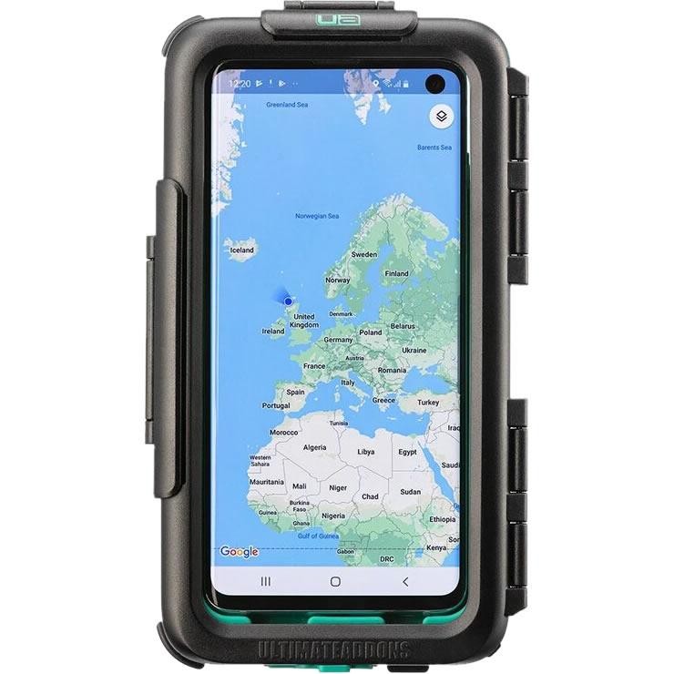Ultimateaddons waterproof tough mount case for Samsung Galaxy S20+, featuring a black rugged exterior, clear front cover, and a secure mounting system for outdoor use.
