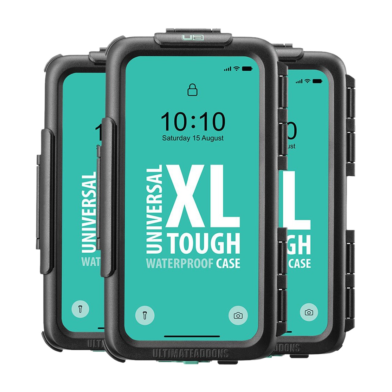 Black Ultimateaddons Universal Waterproof XL Tough Mount Case featuring a rugged design, secure locking mechanism, and a bright turquoise screen display with time and date.