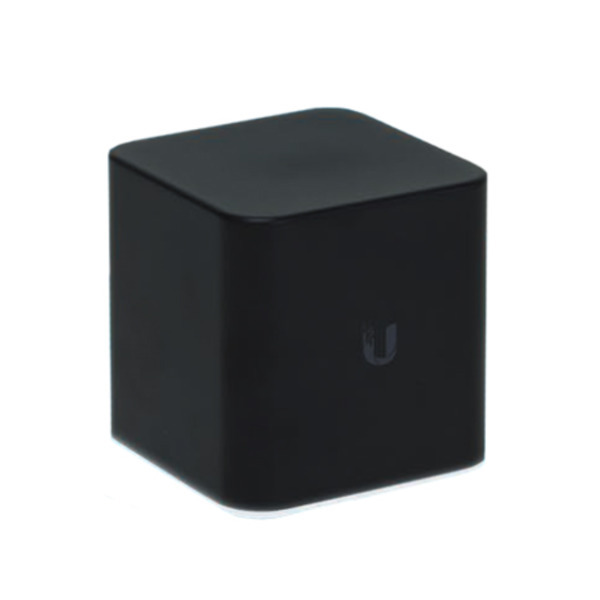 Black cube-shaped device with rounded edges, featuring the Ubiquiti logo, designed for Power Over Ethernet (PoE) with a speed of 867 Mbit/s.