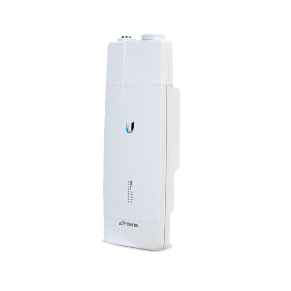 White Ubiquiti AF-11 bridge/repeater with a sleek design, featuring LED indicators and a logo, designed for high-speed network connections up to 1000 Mbit/s.