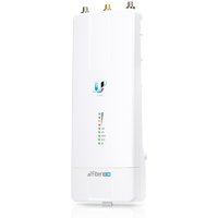 White Ubiquiti AirFiber AF-5XHD radio with LED indicators and PoE support, featuring sleek vertical design.