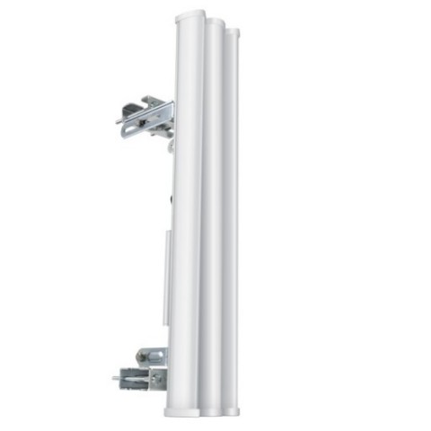 White sector antenna with three cylindrical elements, metal mounting bracket, and a sleek design, labeled with "Ubiquiti AM-5G20-90" and a 20.3 dBi gain specification.