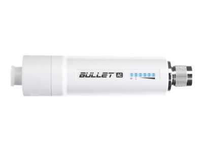 Ubiquiti Bullet AC in sleek white housing features IP67 weatherproofing, dual-band capability, and LED indicators for signal strength.