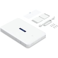 White Ubiquiti Dream Wall gateway/controller with sleek design, blue LED display, and included mounting accessories.