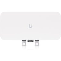 White Ubiquiti E7-Audience router with PoE, sleek rectangular design, and central logo on the front.