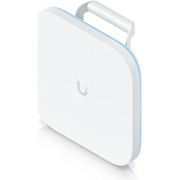 White Ubiquiti E7 Campus router with rounded edges, blue LED trim, and a top handle for Power over Ethernet (PoE).