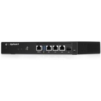 Black Ubiquiti EdgeRouter 4 with four Gigabit Ethernet ports and LED indicators on front panel.