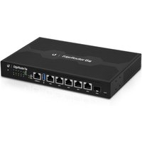 Black Ubiquiti EdgeRouter 6P with six Gigabit Ethernet ports and LED indicators on front panel.