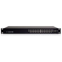 Black Ubiquiti ES-24-250W network switch, 24 Ethernet ports, 1U rack-mountable, PoE support, sleek front panel design.