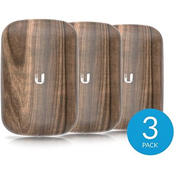 Three wooden covers for Ubiquiti wireless access points, featuring a smooth, dark wood finish and a silver Ubiquiti logo, packaged as a set of three.