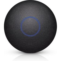 Black Ubiquiti FabricSkin WLAN access point cover cap with textured surface and blue circular design in the center.