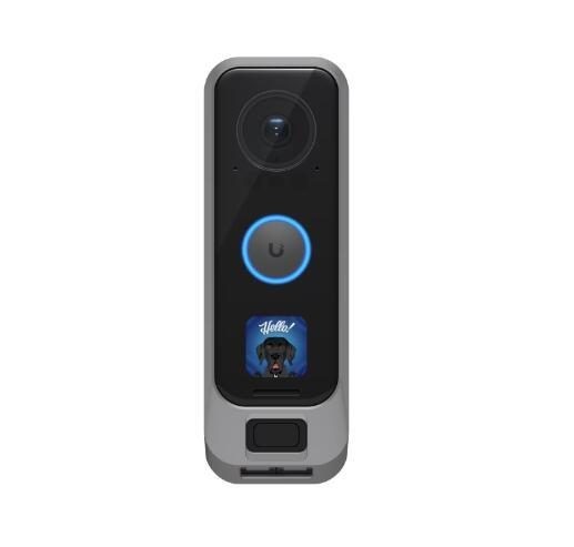 Silver polycarbonate cover for Ubiquiti G4 Doorbell Pro, featuring a circular camera lens, a central button with a blue ring, and a customizable display area at the bottom.