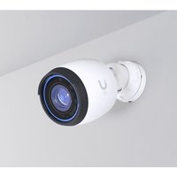 White Ubiquiti G5 Bullet IP security camera with black lens, mounted on a ceiling bracket.
