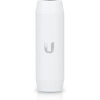 White cylindrical Ubiquiti PoE adapter with a sleek design and Ubiquiti logo on the front.