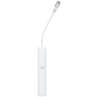 White Ubiquiti PoE adapter with cylindrical body, flexible cable, and Ethernet connector.