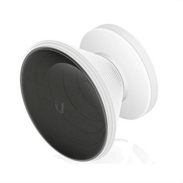 White horn antenna with a glossy black front, designed for 5GHz frequency, featuring a smooth, rounded shape and interchangeable design for enhanced connectivity.
