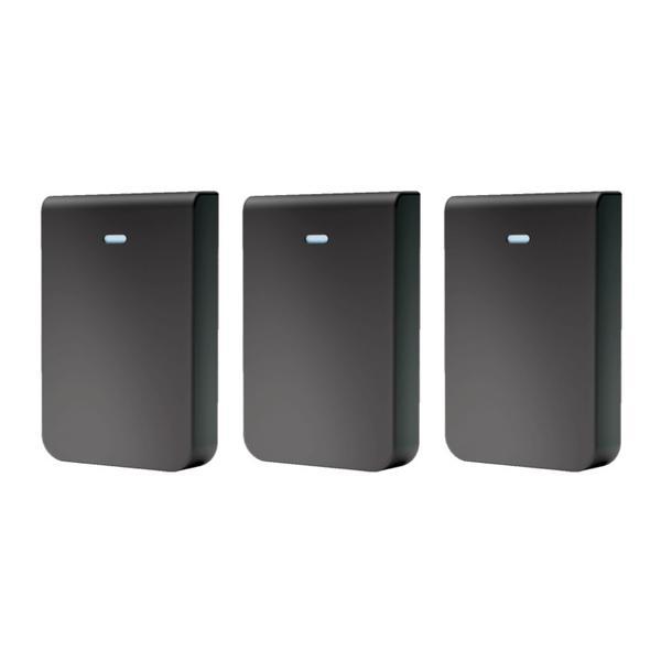 Three black Ubiquiti IW-HD-BK-3 wireless access point accessories, featuring a sleek design with rounded edges and a small blue indicator light on the front.