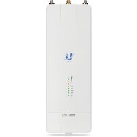 White Ubiquiti LTU Rocket with logo, vertical LED indicators, and three antenna connectors on top.