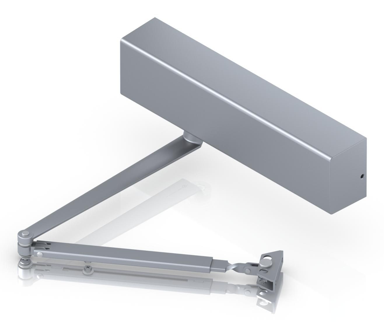 Silver Ubiquiti Mechanical Door Closer with a rectangular body, adjustable arm, and mounting bracket, designed for smooth door closure.