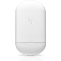 White Ubiquiti NanoStation 5AC Loco with rounded edges, compact design, and embossed logo, supports PoE.