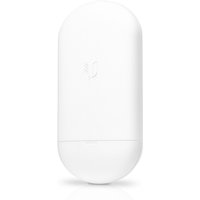 White Ubiquiti NanoStation 5AC Loco with smooth oval design, embossed logo, and Power over Ethernet capability.