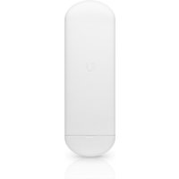 White Ubiquiti NanoStation AC with rounded edges, vertical design, and Power over Ethernet capability.