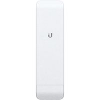 White Ubiquiti NanoStation M5 with sleek rectangular design and central U logo, supports Power over Ethernet (PoE).