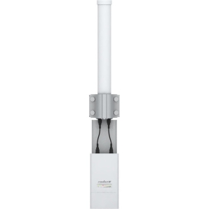 Ubiquiti Airmax Dual Omni antenna in white with a sleek cylindrical top, mounted on a grey base featuring dual cable connectors for enhanced wireless performance.