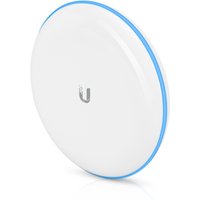 White Ubiquiti Networks bridge with circular design, blue edge, and central logo.