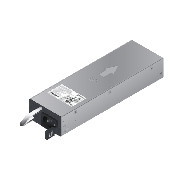 Silver metal power supply unit with a clear label on one side, featuring an arrow indicating orientation, and a power input socket on the end.