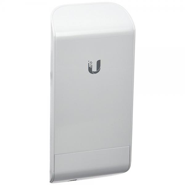 White Ubiquiti Networks NanoStation M2 with a sleek design, featuring the Ubiquiti logo, and designed for Power Over Ethernet connectivity, ideal for wireless networking.