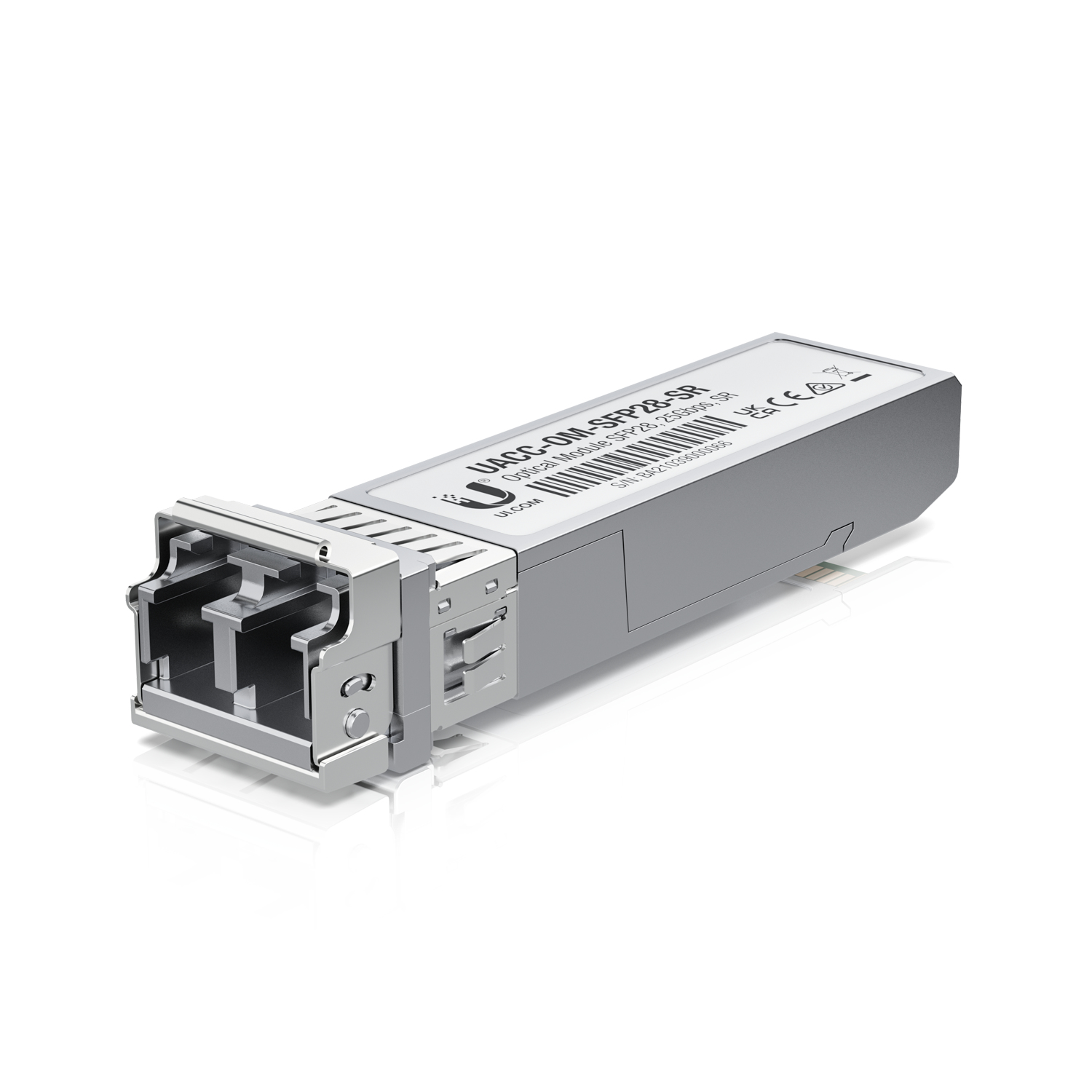 Ubiquiti SFP28 transceiver module in silver metal, featuring a compact design with a connector at one end and labeled with model details for high-speed data transmission.