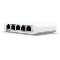 White Ubiquiti UniFi USW Flex Mini switch with five Ethernet ports and LED indicators on the front panel.