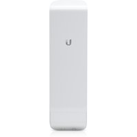White Ubiquiti NSM2 wireless access point with sleek rectangular design and subtle "U" logo on the front.