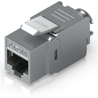 Gray Ubiquiti tool-less keystone jack with CAT 6A marking and snap-in latch, metallic finish.