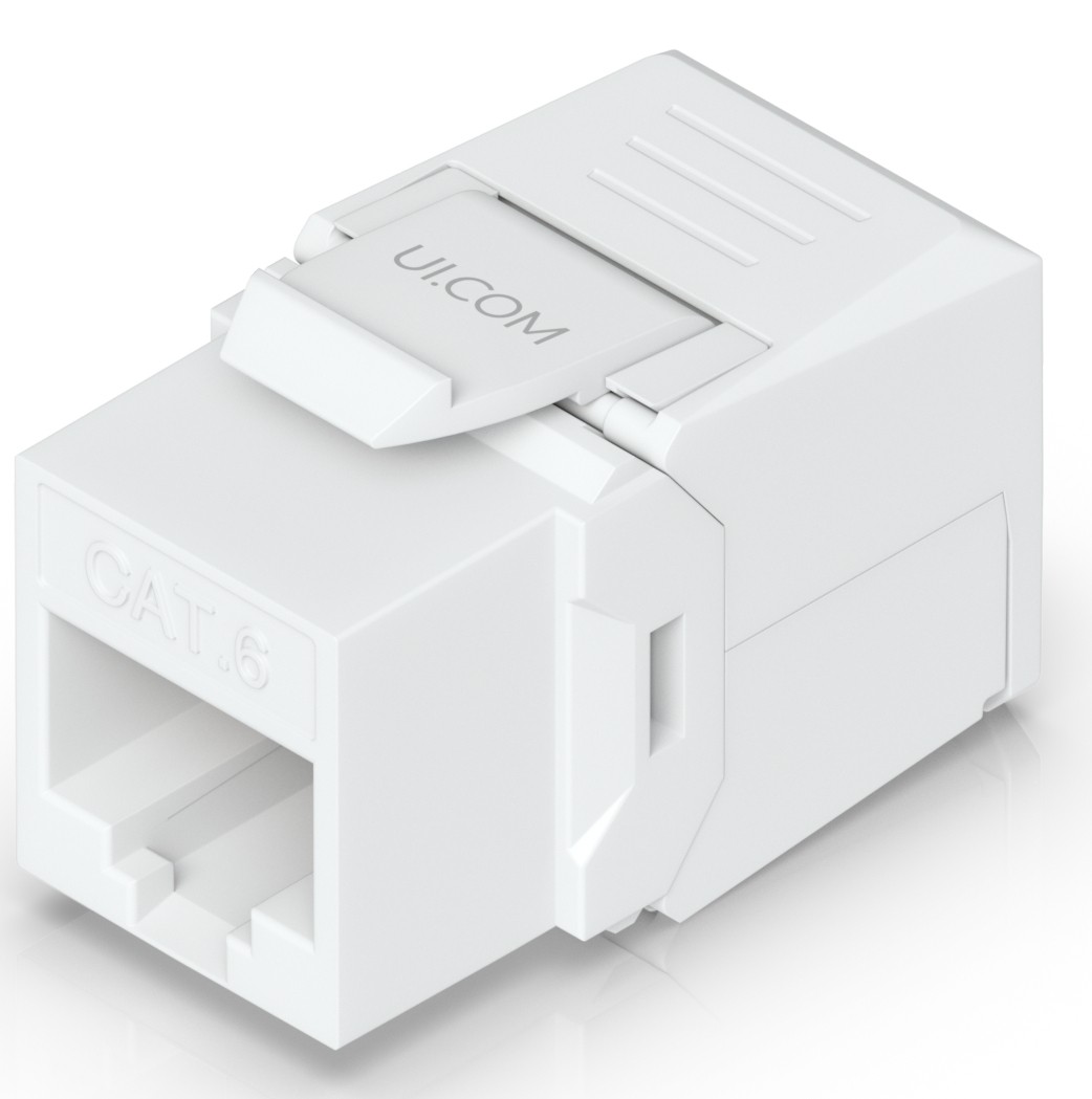 White Ubiquiti Oolless Keystone jack, designed for CAT 6 connections, featuring a snap-in design and a labeled front for easy identification.
