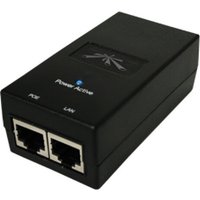 Black Ubiquiti POE-24-12W-G adapter with two Ethernet ports and LED indicator on top.