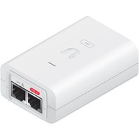 White Ubiquiti PoE adapter with two Ethernet ports and LED indicators on top surface.