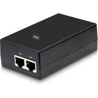 Black Ubiquiti PoE adapter with two Ethernet ports labeled PoE and LAN, rectangular design with subtle logo on top.