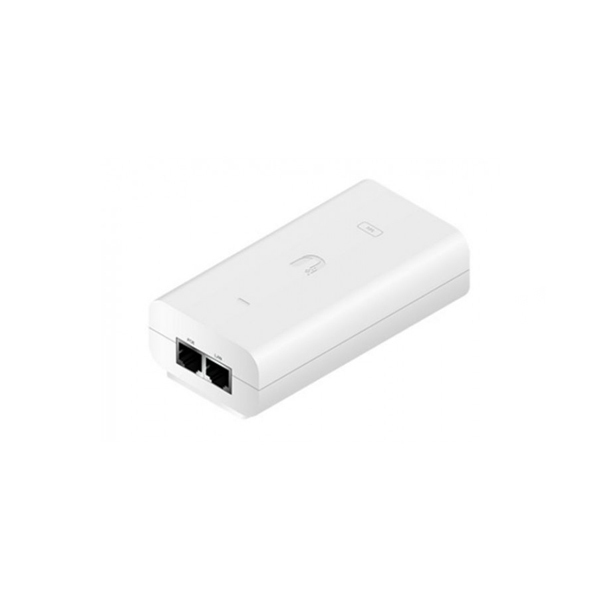 White Ubiquiti POE-54V-80W PoE adapter with a compact design, featuring two Ethernet ports and a power button, ideal for Gigabit Ethernet connections.