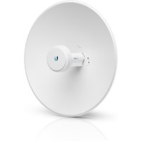 White Ubiquiti PowerBeam 2AC directional network antenna with circular dish and central mounting bracket.