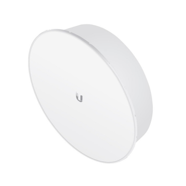 Ubiquiti PowerBeam AC ISO Gen2 network bridge in white, featuring a circular design, sleek plastic casing, and a central logo, designed for high-speed wireless connectivity up to 450 Mbit/s.